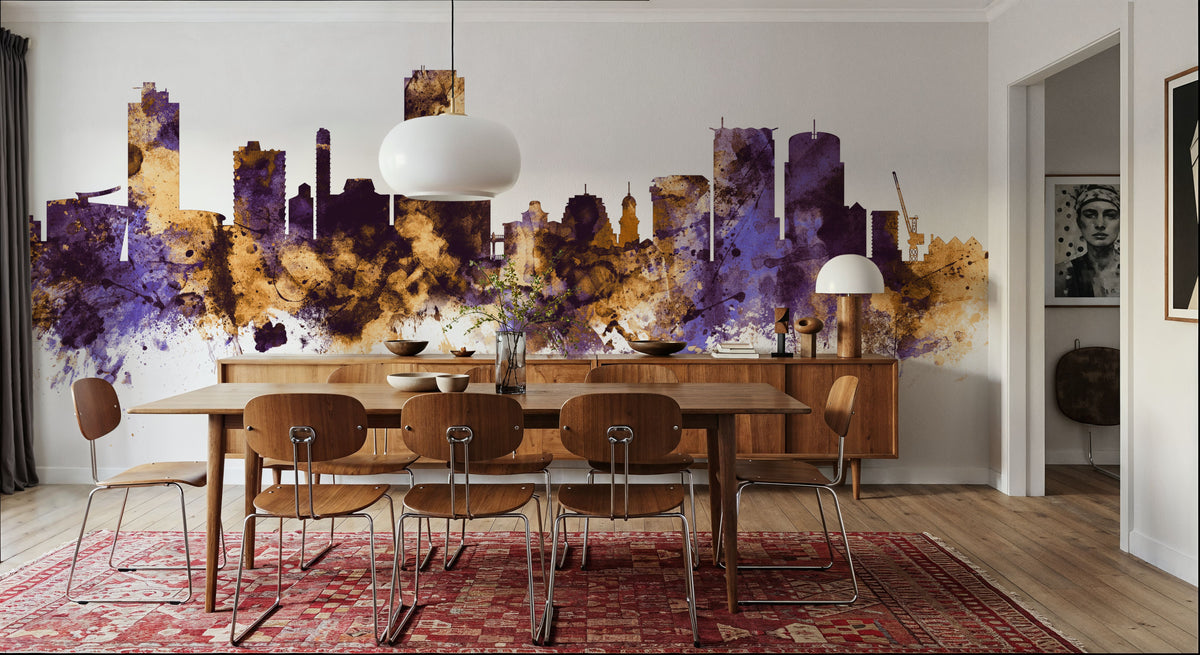 Wellington New Zealand Skyline Purple & Gold Mural Wallpaper - room preview 05
