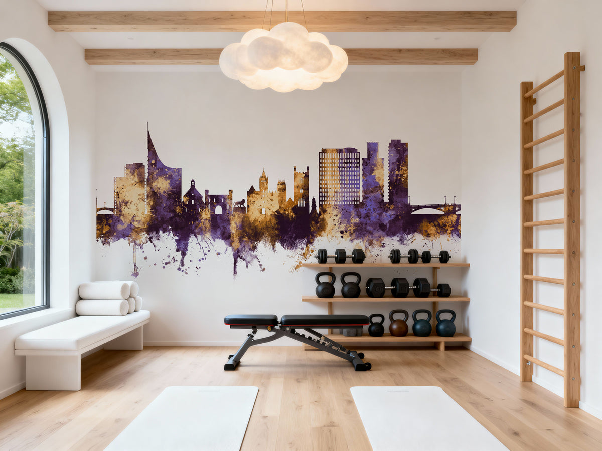 Reading England Skyline Purple & Gold Mural Wallpaper - room preview 05