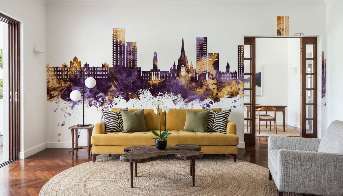 Salford England Skyline Purple & Gold Mural Wallpaper - room preview 05