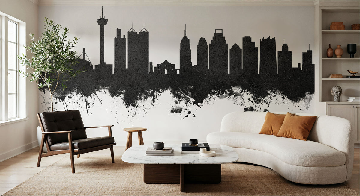 San Antonio Texas Skyline Black & White Mural Wallpaper - room preview 05