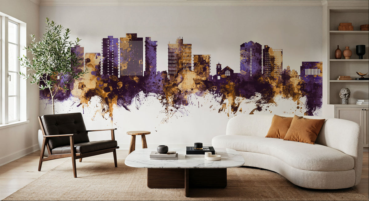 San Mateo California Skyline Purple & Gold Mural Wallpaper - room preview 05