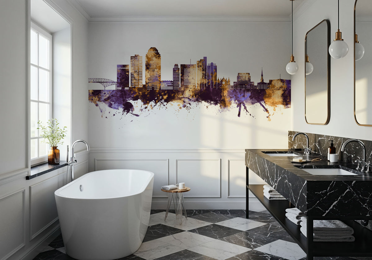 Shreveport Louisiana Skyline Purple & Gold Mural Wallpaper - room preview 05