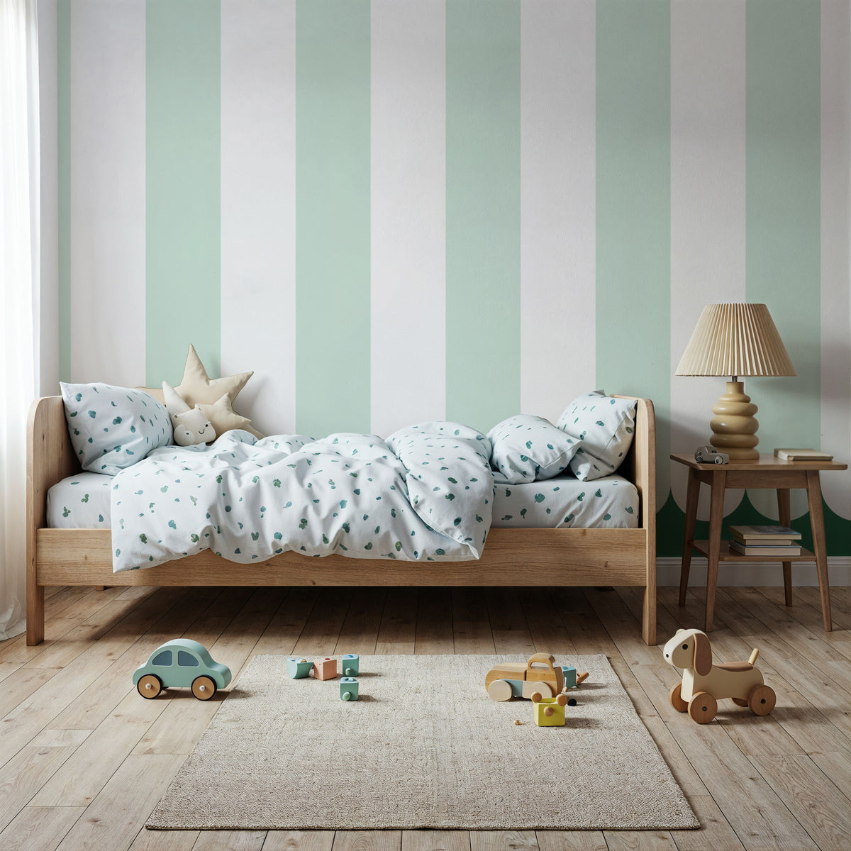 Scalloped Circus Stripes, Mint Green Mural Wallpaper - room preview 05