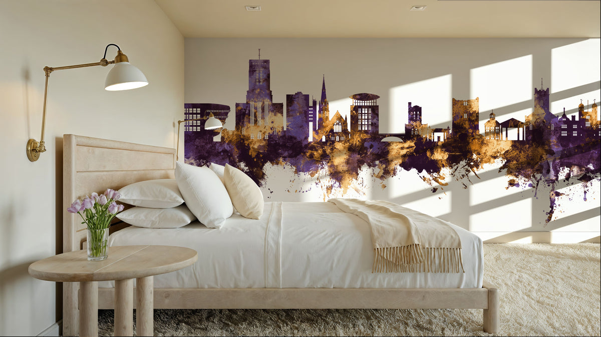 Guildford England Skyline Purpl & Gold Mural Wallpaper - room preview 05
