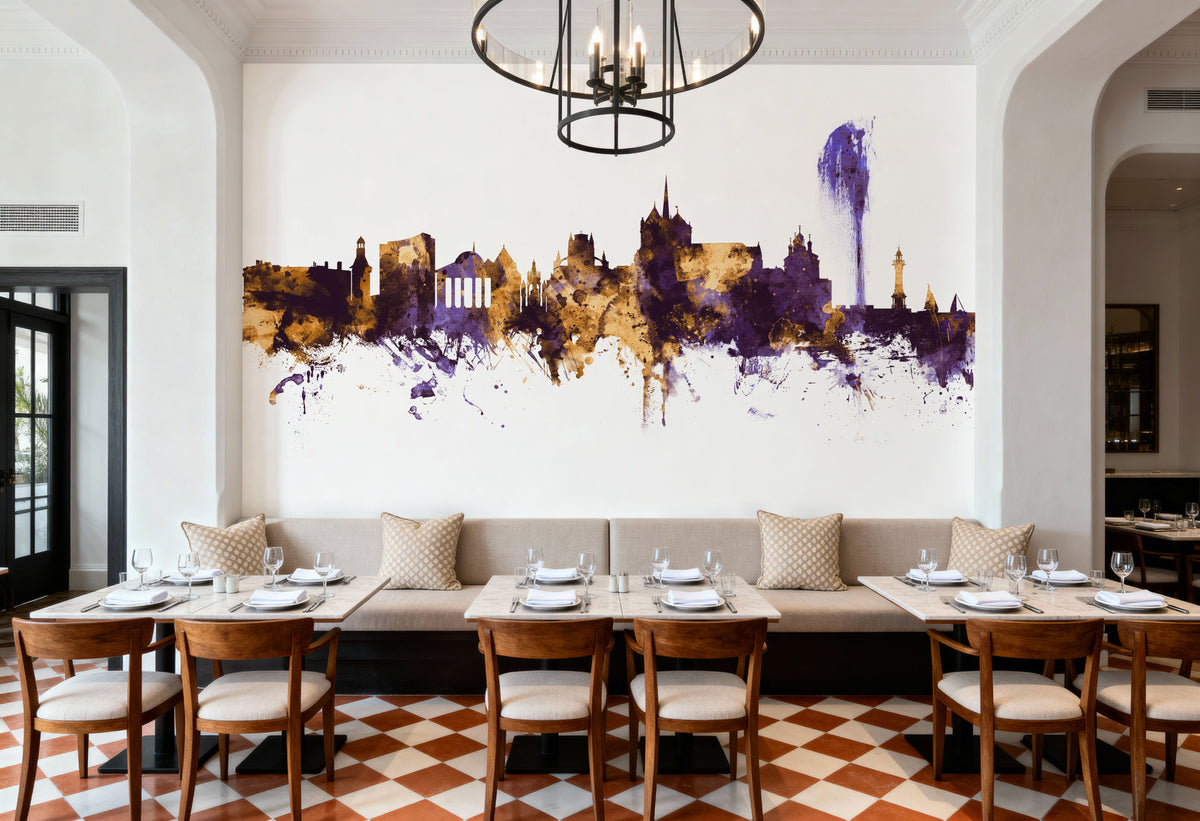 Geneva Switzerland Skyline Purple & Gold Mural Wallpaper - room preview 05