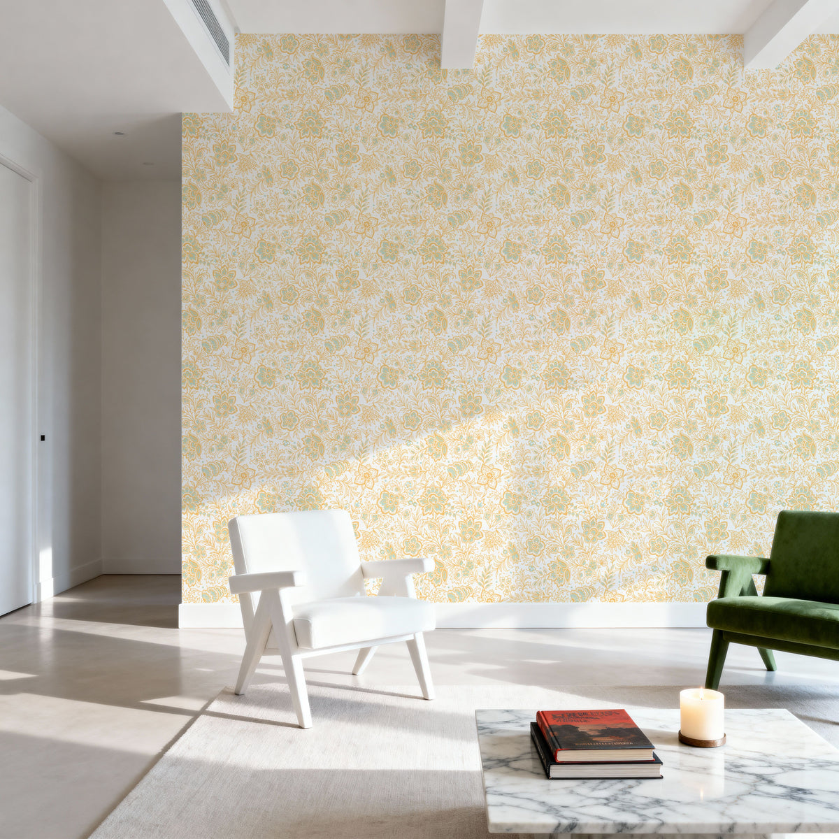 Kala Flowers Yellow on White Mural Wallpaper - room preview 05