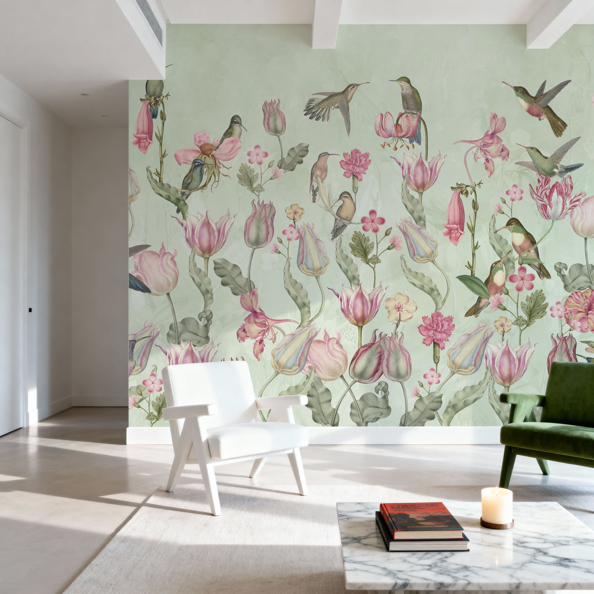 Tulips & Birds, Mint Mural Wallpaper - room preview 05
