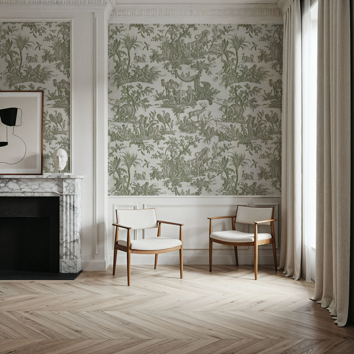 Patinated Linen Toile De Jouy, Olive Mural Wallpaper - room preview 05