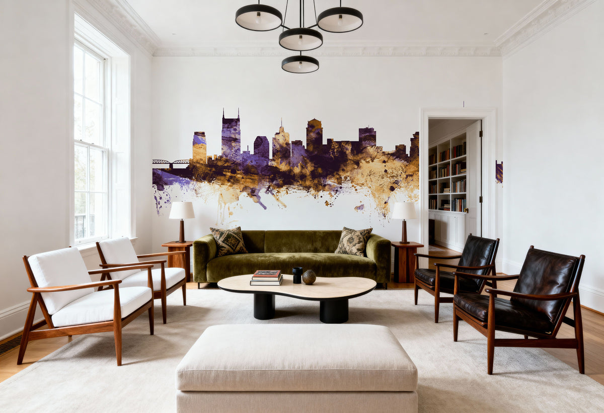 Nashville Tennessee Skyline Purple & Gold Mural Wallpaper - room preview 05