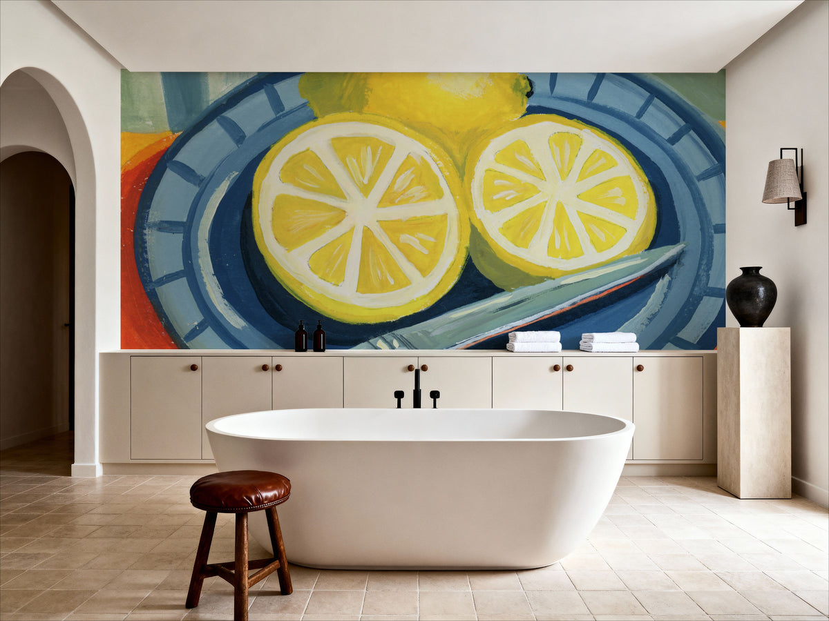 Sliced Lemons on Plates Mural Wallpaper - room preview 05
