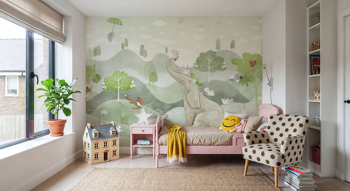 Dwellpaper Bunny Friends, Green Mural Wallpaper image 5
