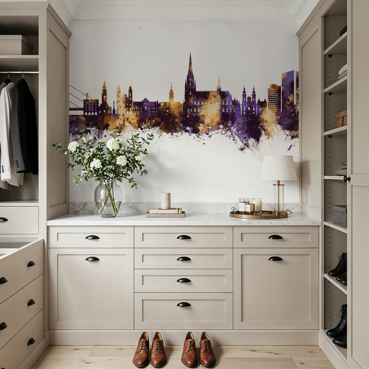 Linz Austria Skyline Purple & Gold Mural Wallpaper - room preview 05