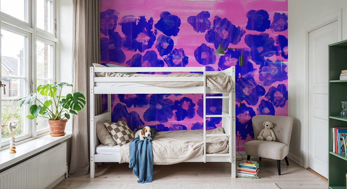 Flower Poufs, Indigo on Pink Mural Wallpaper - room preview 05