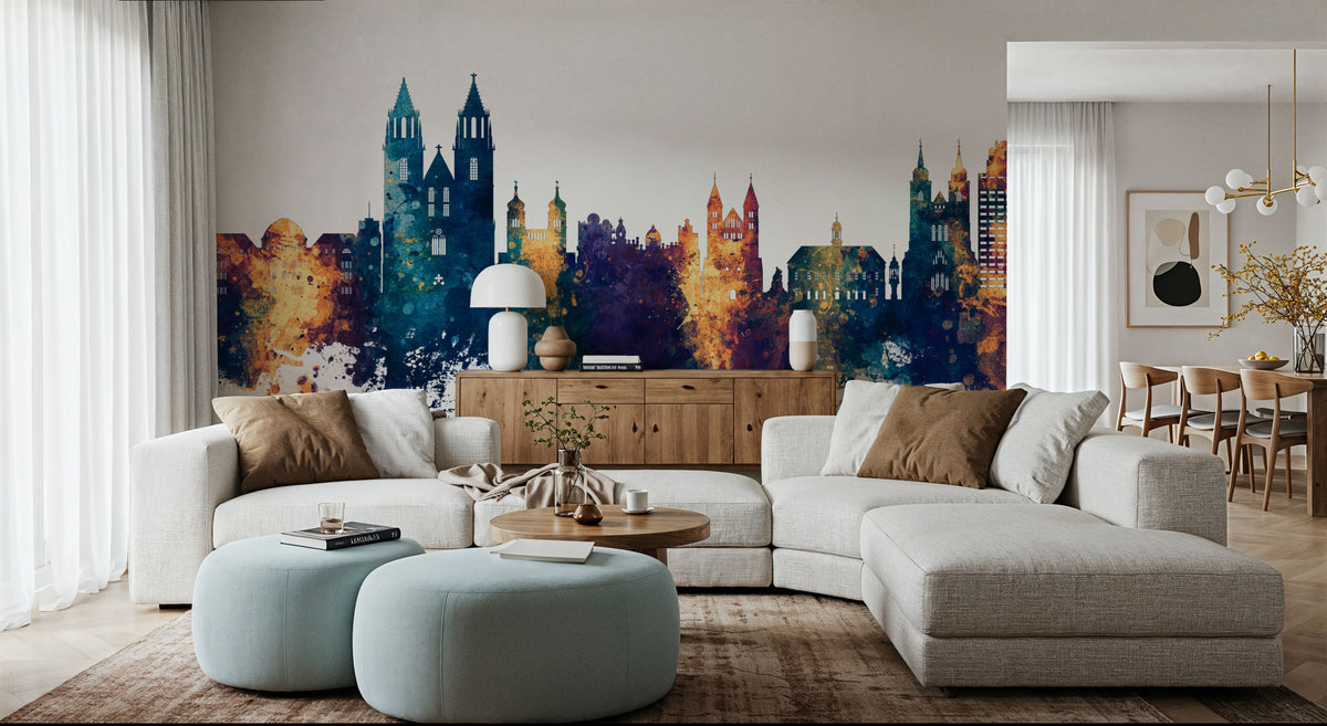Magdeburg Germany Skyline Blue & Bronze Mural Wallpaper - room preview 05