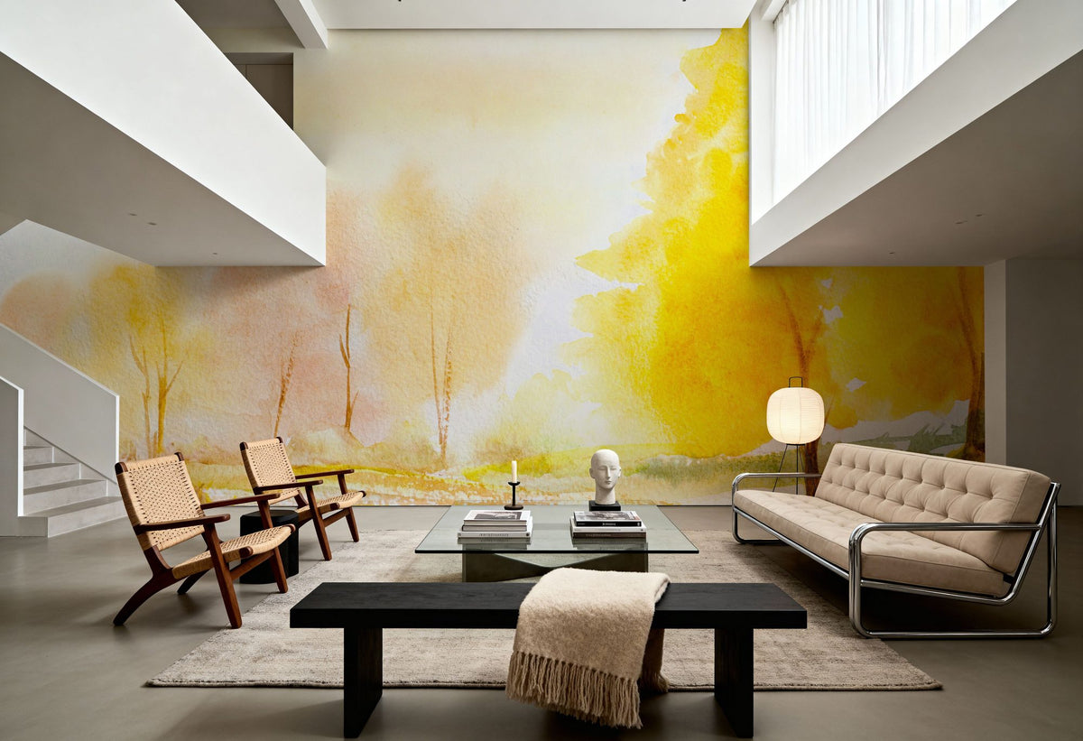Yellow Autumn Trees, Landscape Painting Mural Wallpaper - room preview 05