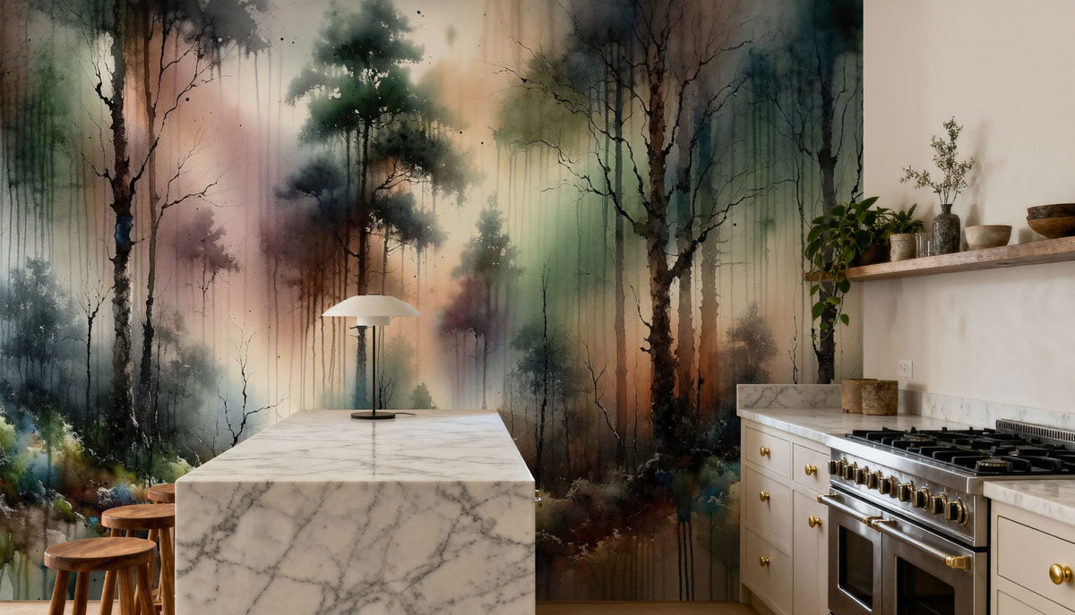 Mysterious Forest Enveloped in Thick Fog Mural Wallpaper - room preview 05
