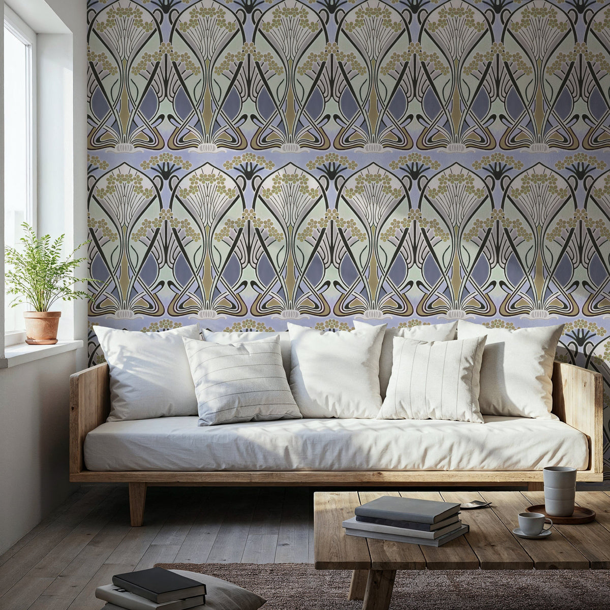 Floral Art Deco Aura, Periwinkle Mural Wallpaper - room preview 05