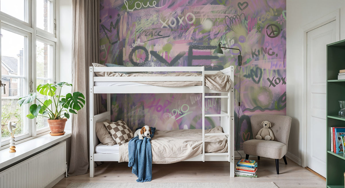 Graffiti Love, Lavender Mural Wallpaper - room preview 05