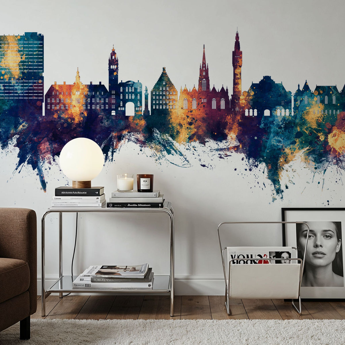 Lille France Skyline Blue & Bronze Mural Wallpaper - room preview 05