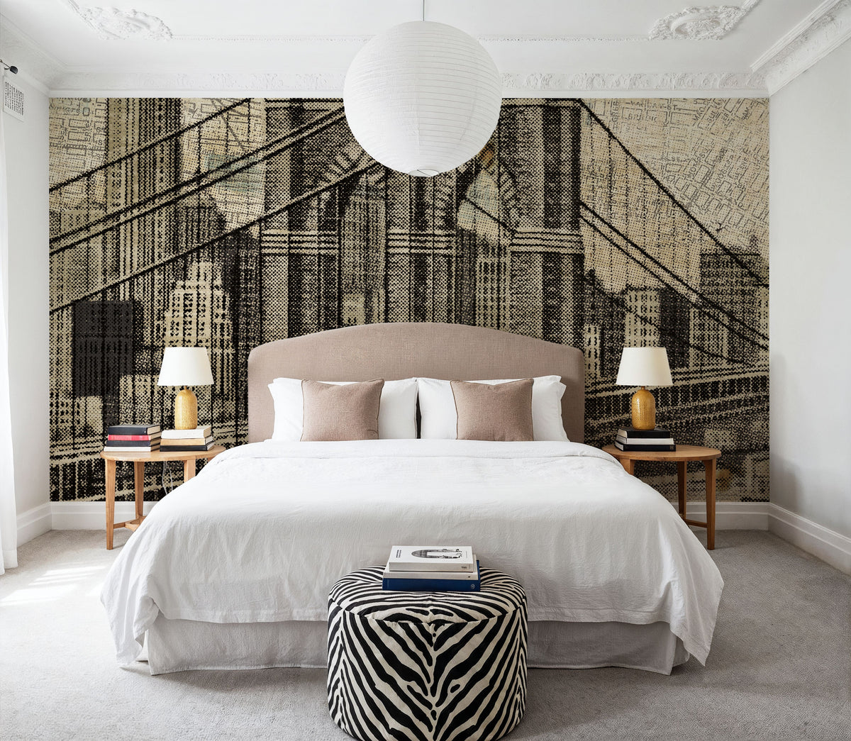 Vintage NY Brooklyn Bridge Skyline Mural Wallpaper - room preview 05