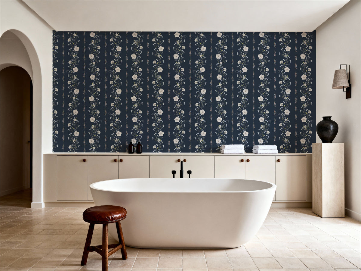 Trailing Flower Stripe, Navy Mural Wallpaper - room preview 05