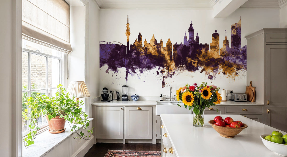 Leipzig Germany Skyline Purple & Gold Mural Wallpaper - room preview 05