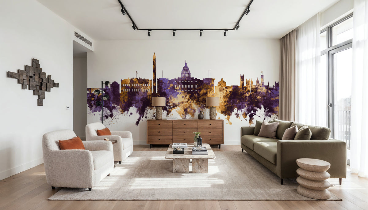 Washington DC Skyline Purple & Gold Mural Wallpaper - room preview 05
