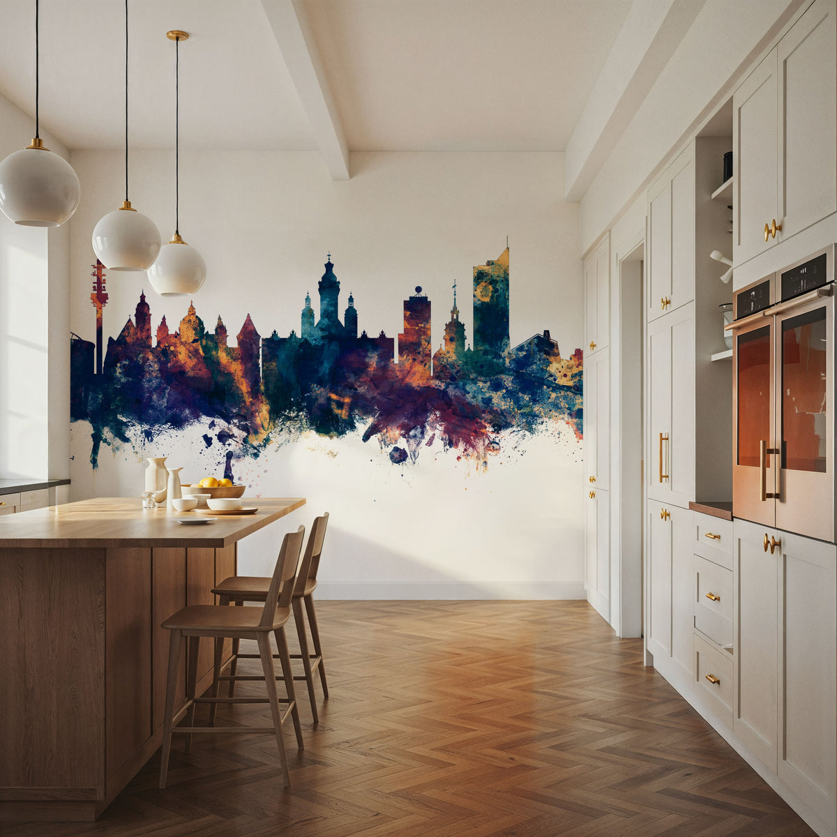Leipzig Germany Skyline Blue & Bronze Mural Wallpaper - room preview 05