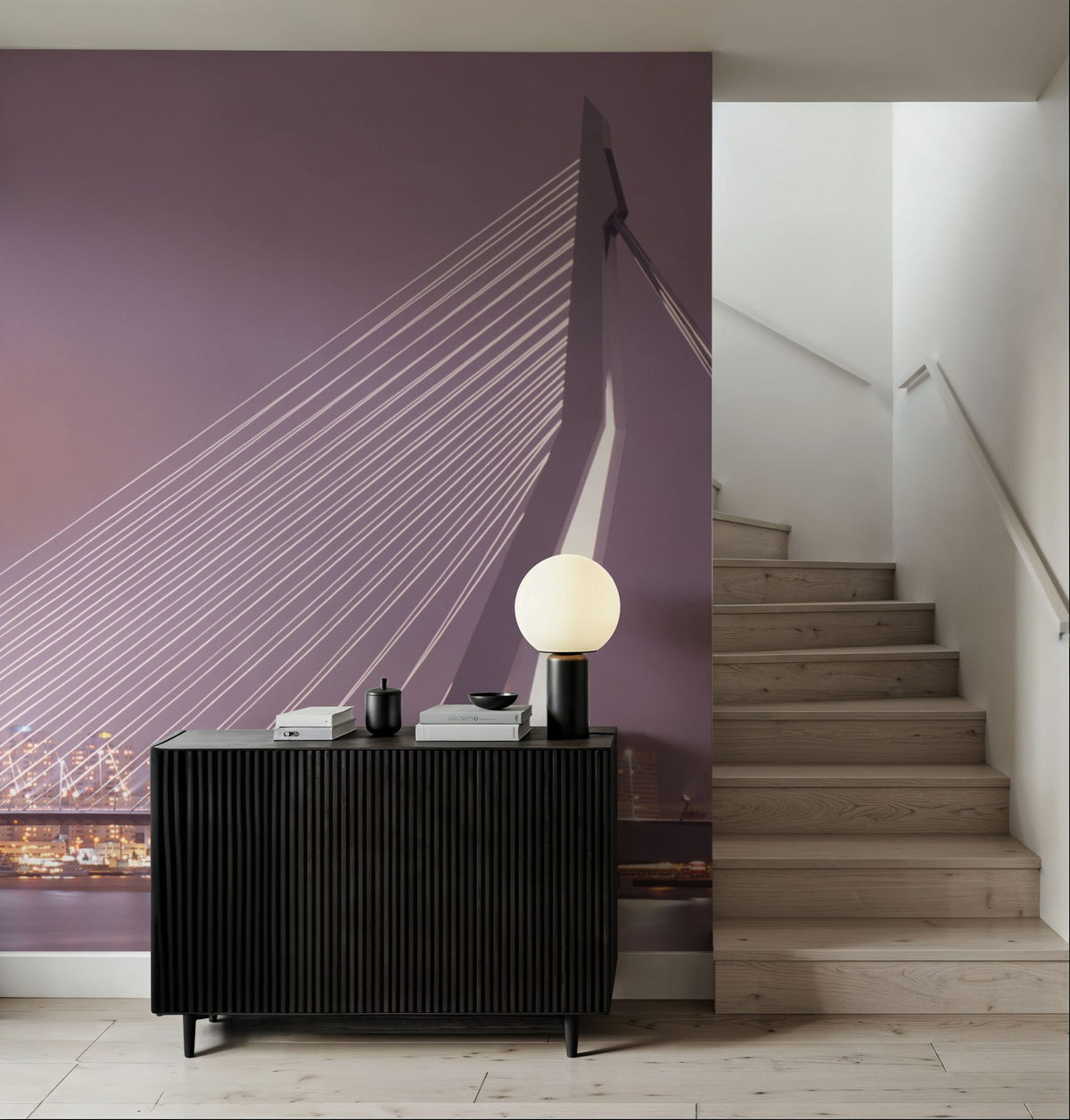 Twilight Bridge Crossing Mural Wallpaper - Neutral Tone - room preview 05