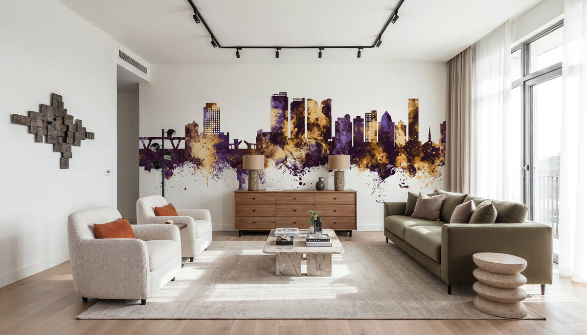 Fort Lauderdale Florida Skyline Purple & Gold Mural Wallpaper - room preview 05
