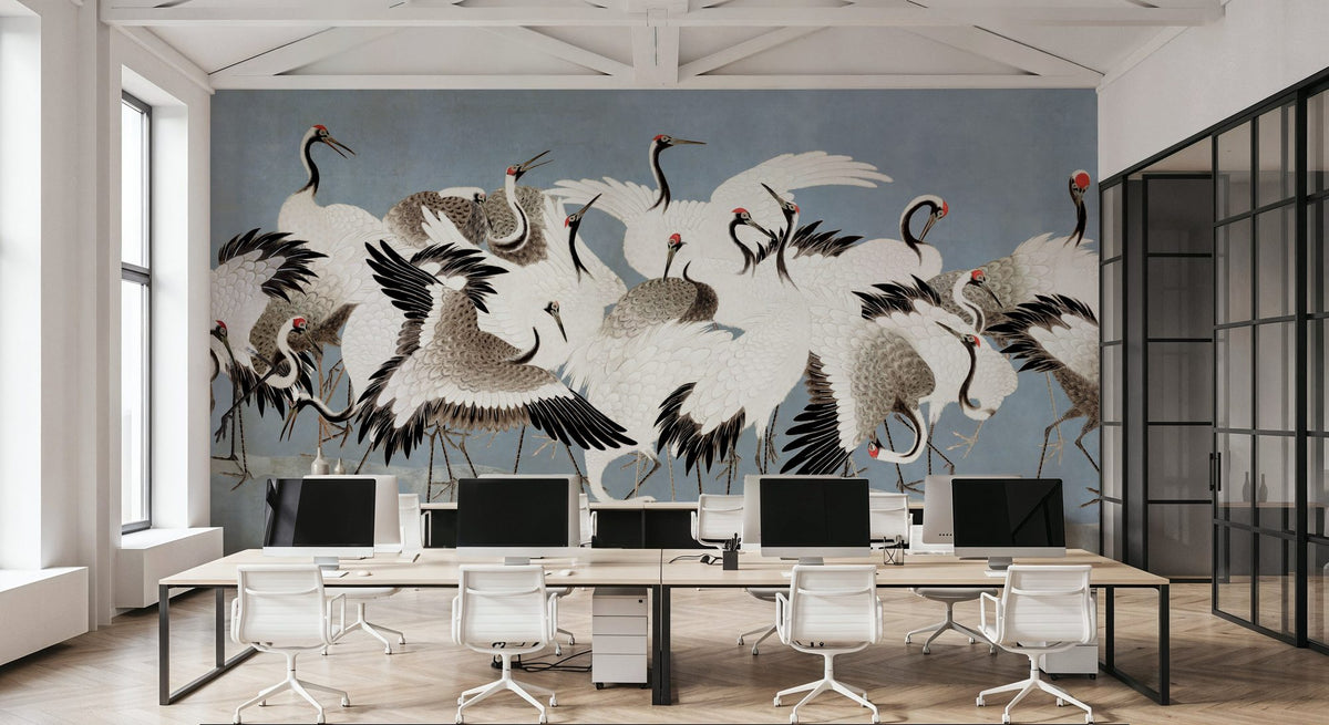 Japanese Flock of Cranes, Misty Sky Mural Wallpaper - room preview 05