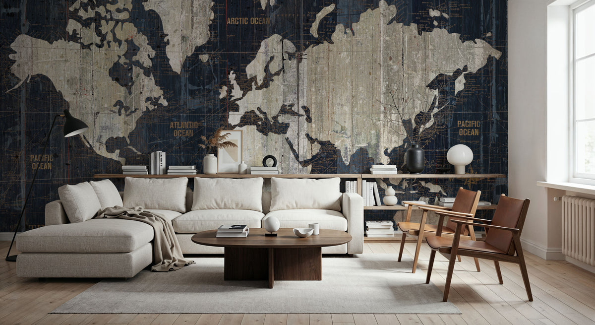 Old World Map Blue V2 Mural Wallpaper - room preview 05