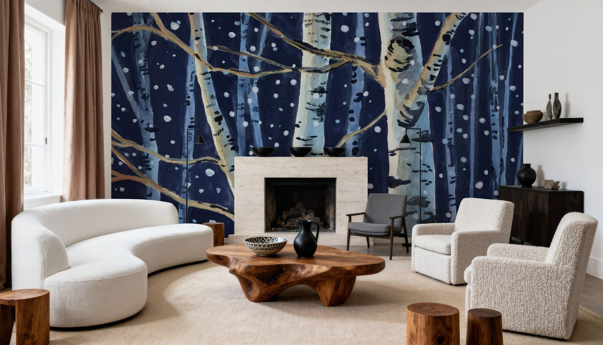 Snowy Birch Grove At Night Mural Wallpaper - room preview 05
