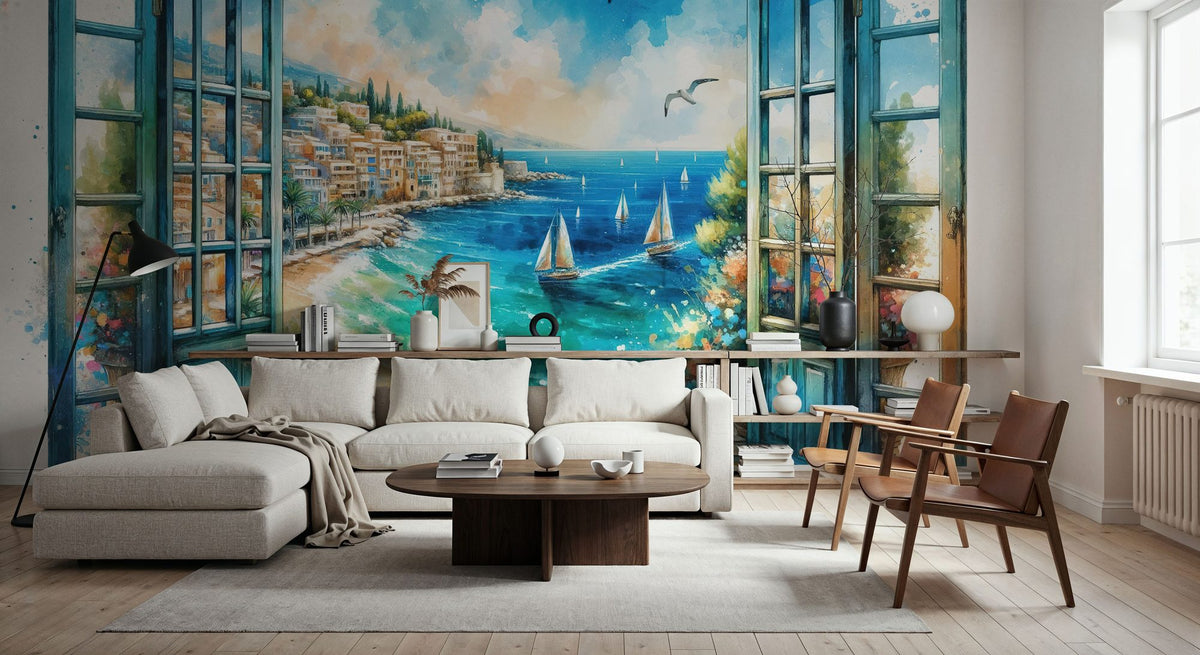 Mediterranean Coastline Through Open Window Mural Wallpaper - room preview 05