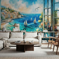 Mediterranean Coastline Through Open Window Mural Wallpaper - room preview 05