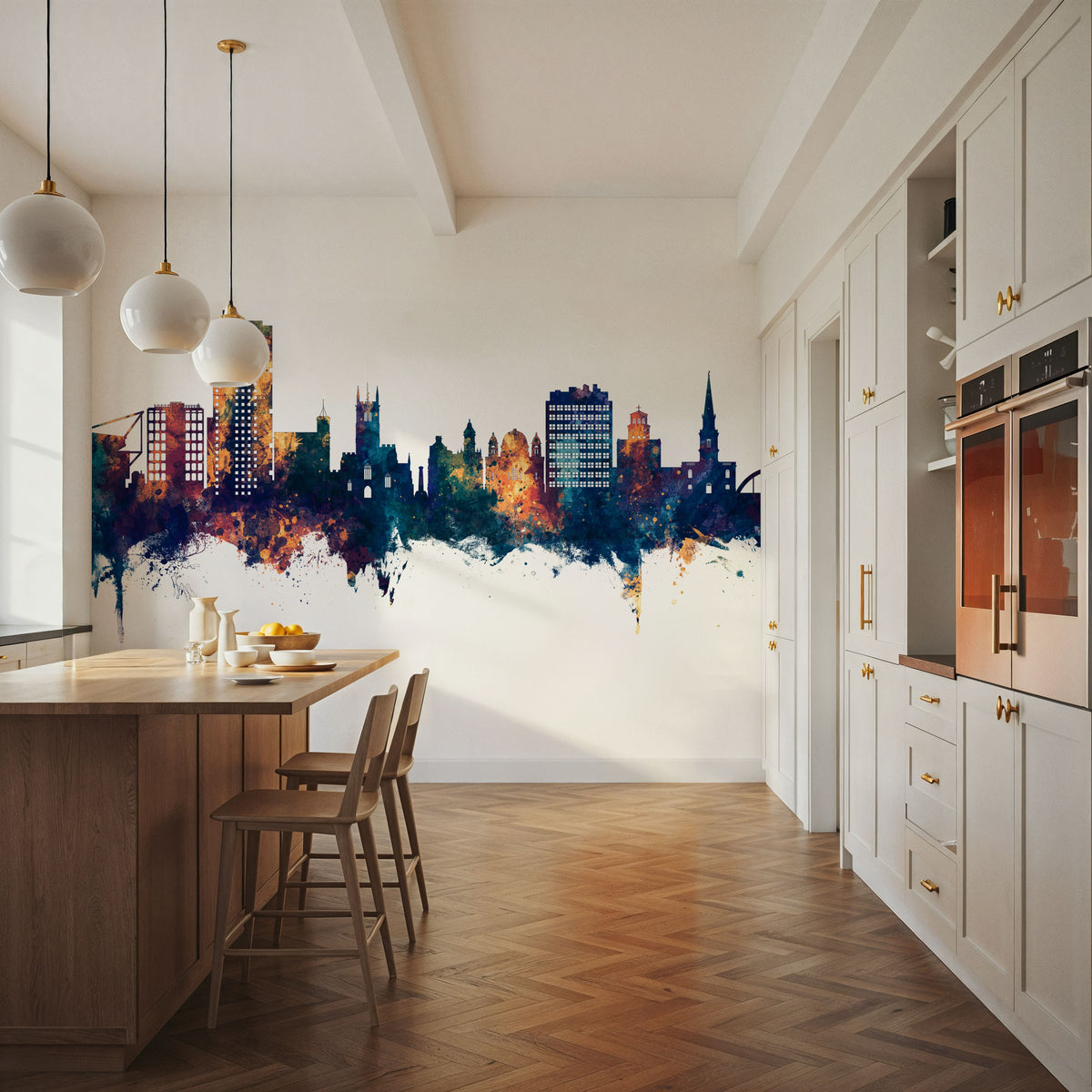 Wolverhampton England Skyline Blue & Bronze Mural Wallpaper - room preview 05
