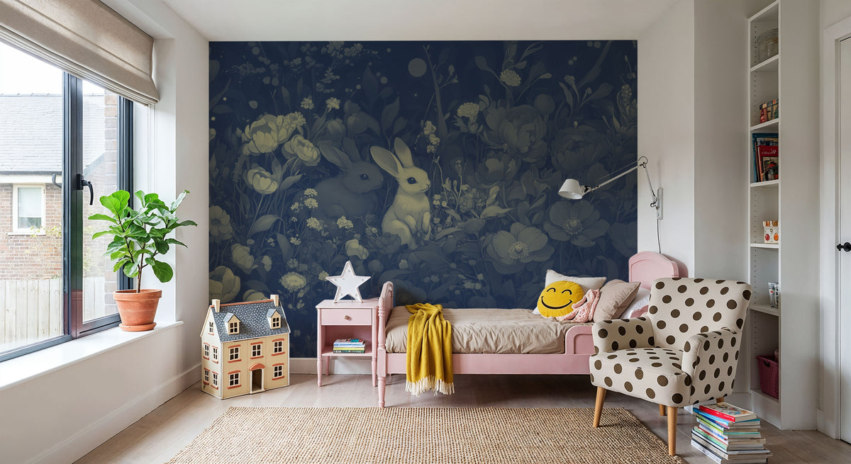Rabbits Blue Mural Wallpaper - room preview 05