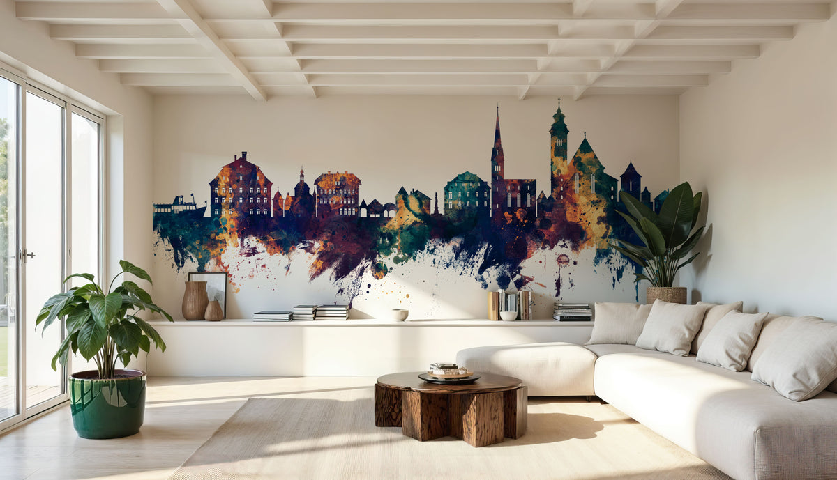 Hallstatt Austria Skyline Blue & Bronze Mural Wallpaper - room preview 05