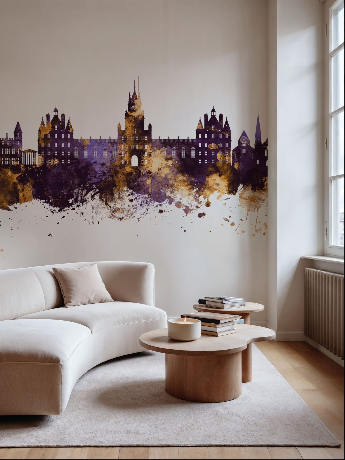 Egham England Skyline Purple & Gold Mural Wallpaper - room preview 05