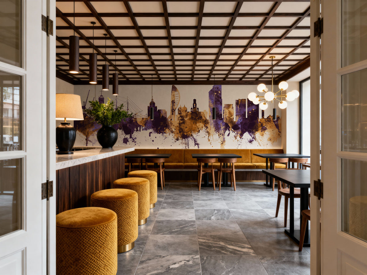 Portsmouth England Skyline Purple & Gold Mural Wallpaper - room preview 05