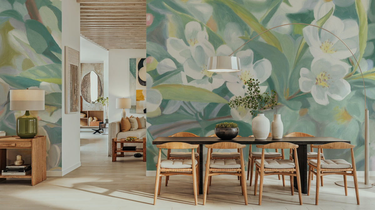 White Blossoms in Focus Mural Wallpaper - room preview 05