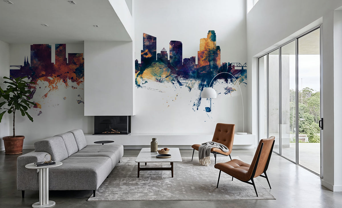 Grand Rapids Michigan Skyline Blue & Bronze Mural Wallpaper - room preview 05