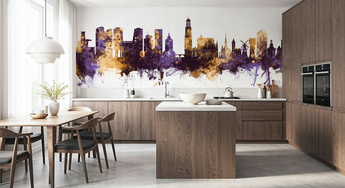 Utrecht the Netherlands Skyline Purple & Gold Mural Wallpaper - room preview 05