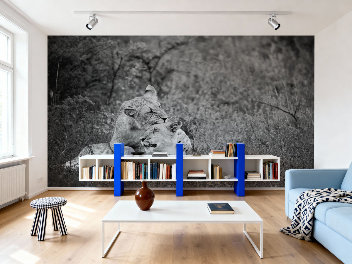 Playful Lions BW Mural Wallpaper - room preview 05