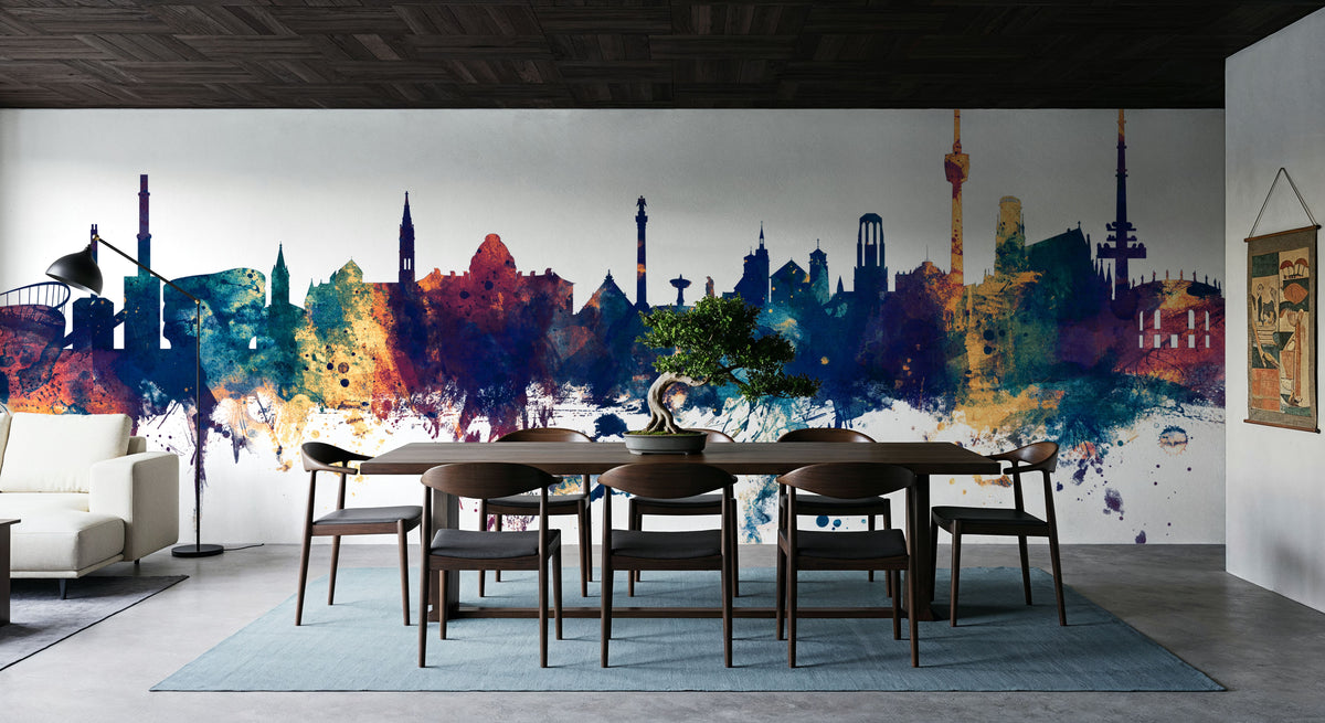 Stuttgart Germany Skyline Blue & Bronze Mural Wallpaper - room preview 05