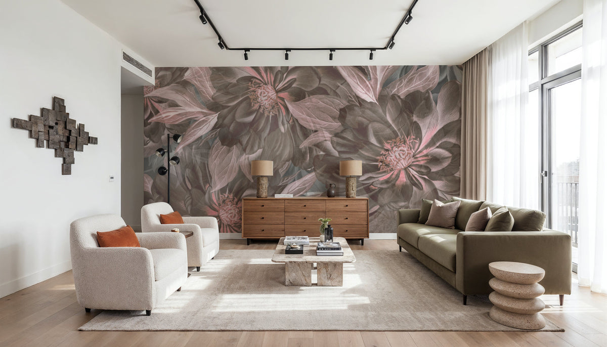 Peony Study - Ash and Pink Mural Wallpaper - room preview 05