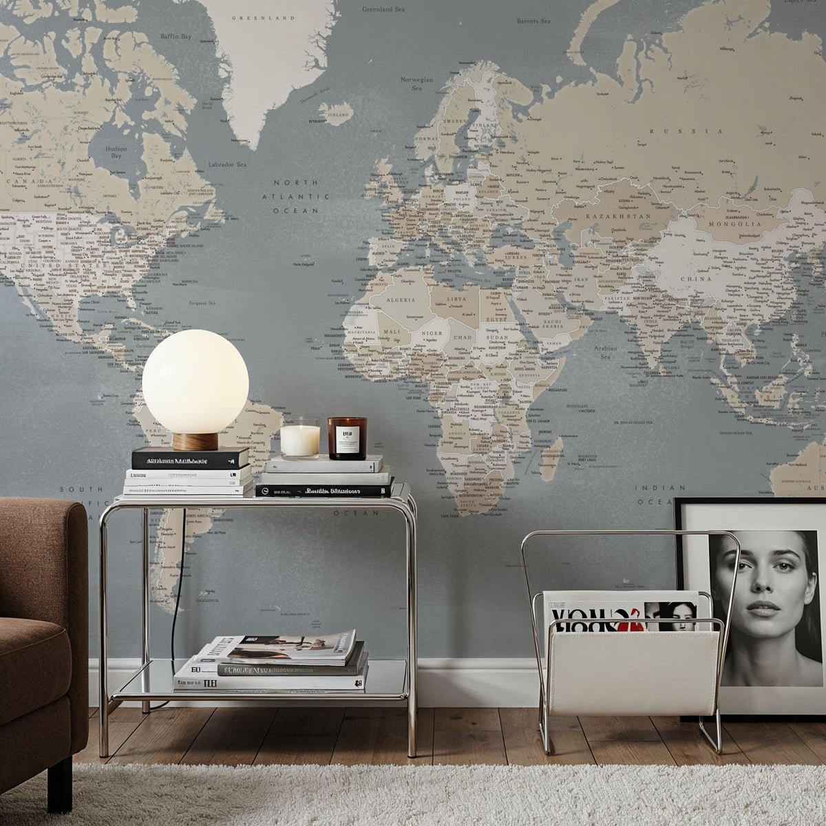 World Map Cities - Landers Mural Wallpaper - room preview 05