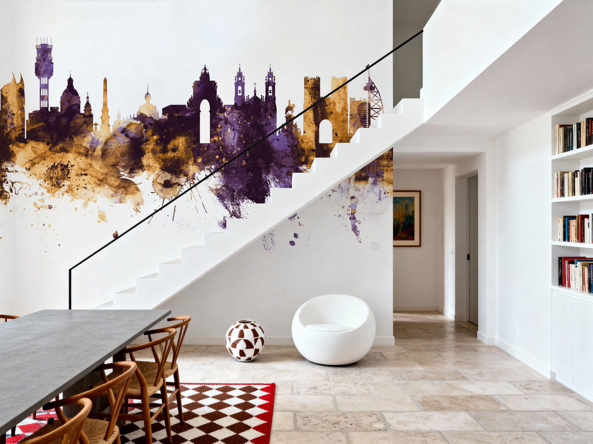 Lisbon Portugal Skyline Purple & Gold Mural Wallpaper - room preview 05