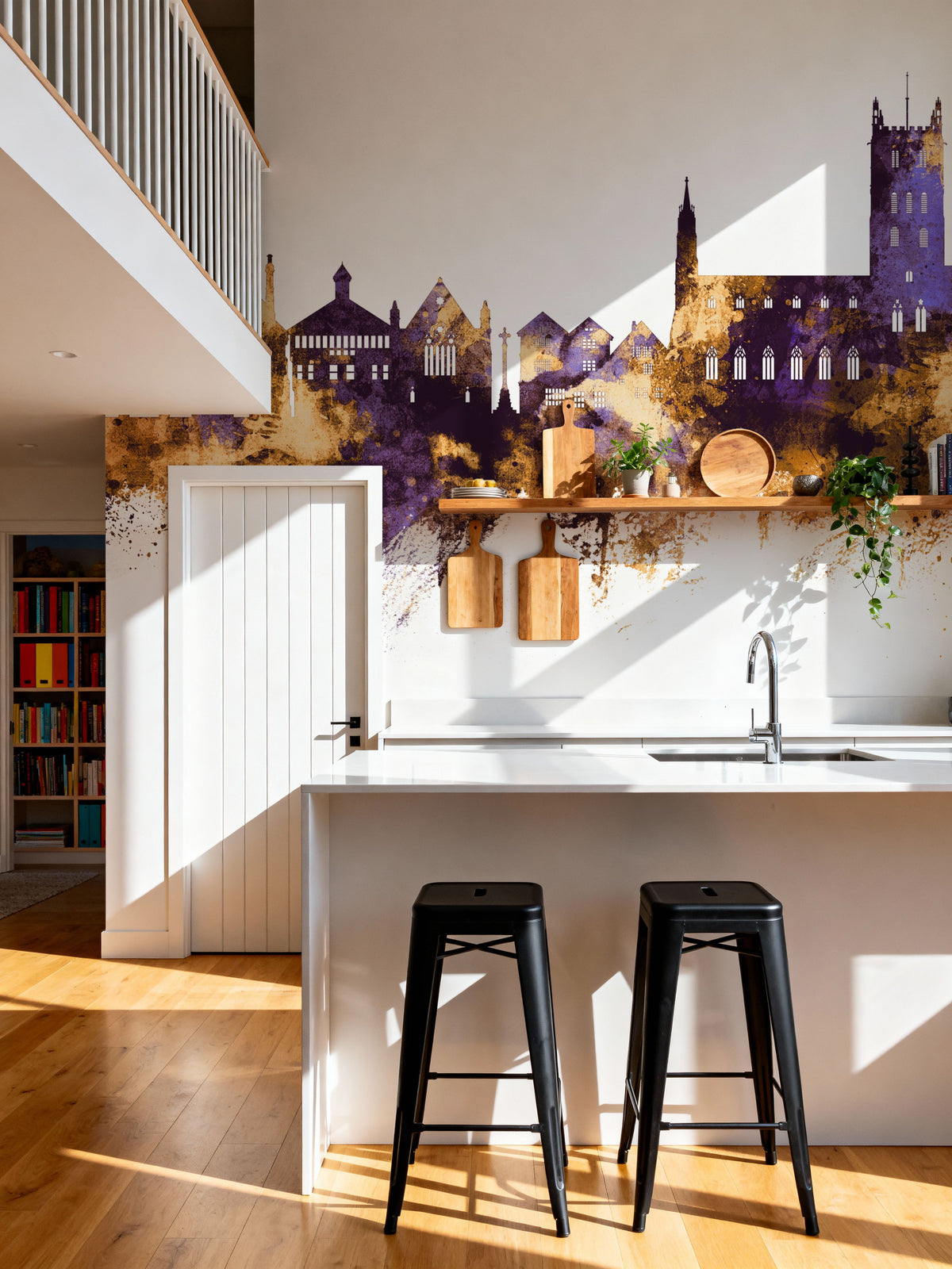 Tewkesbury England Skyline Purple & Gold Mural Wallpaper - room preview 05