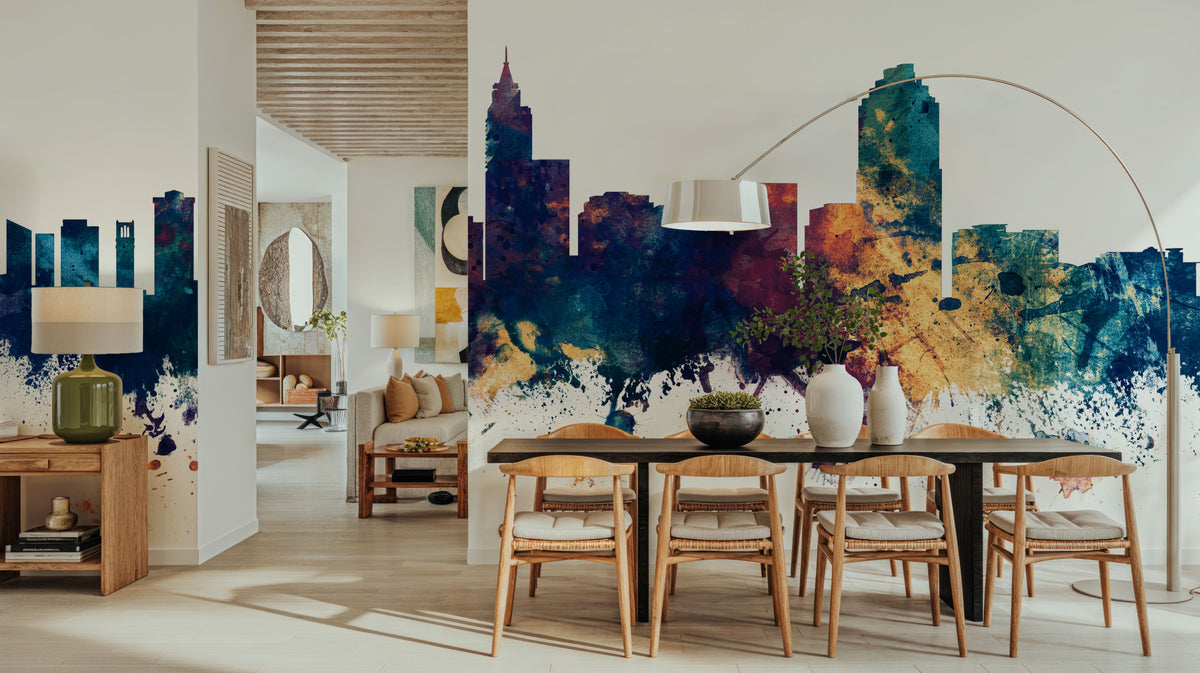 Raleigh North Carolina Skyline Blue & Bronze Mural Wallpaper - room preview 05
